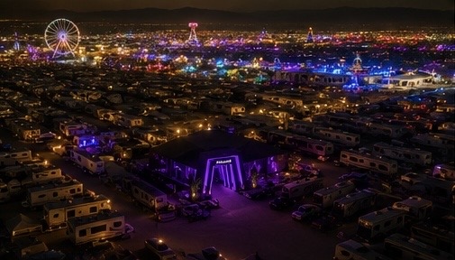 PRIME at Camp EDC among RVs and tents near the Ferris wheel