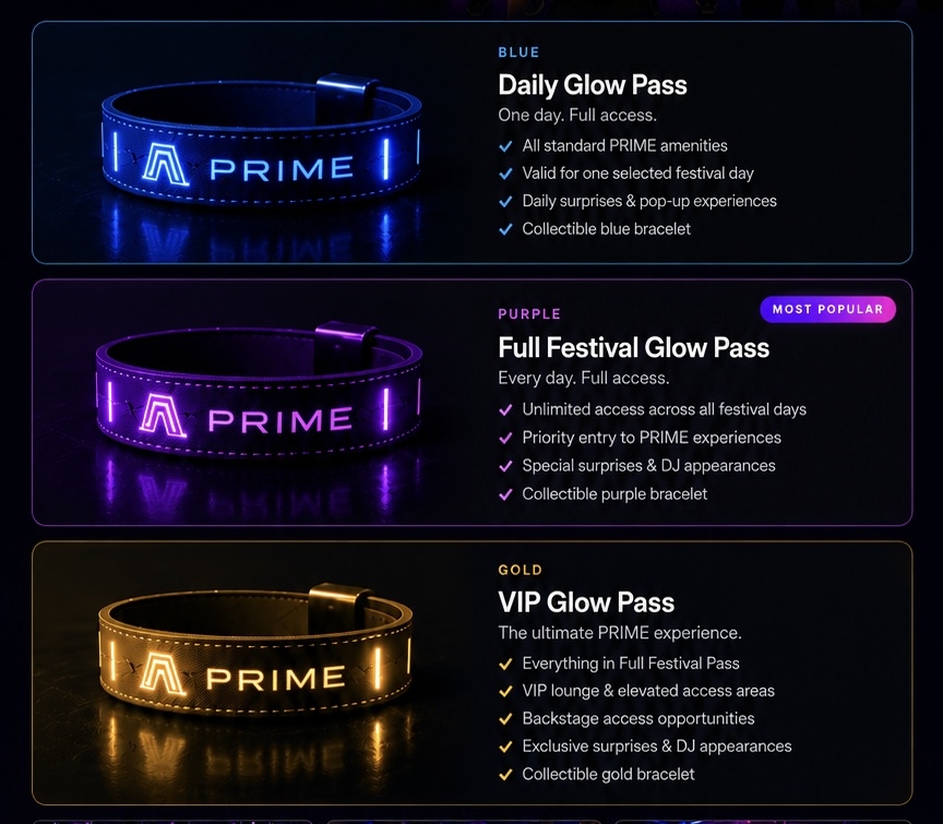 Blue Daily Glow Pass, purple Full Festival Glow Pass and gold VIP Glow Pass