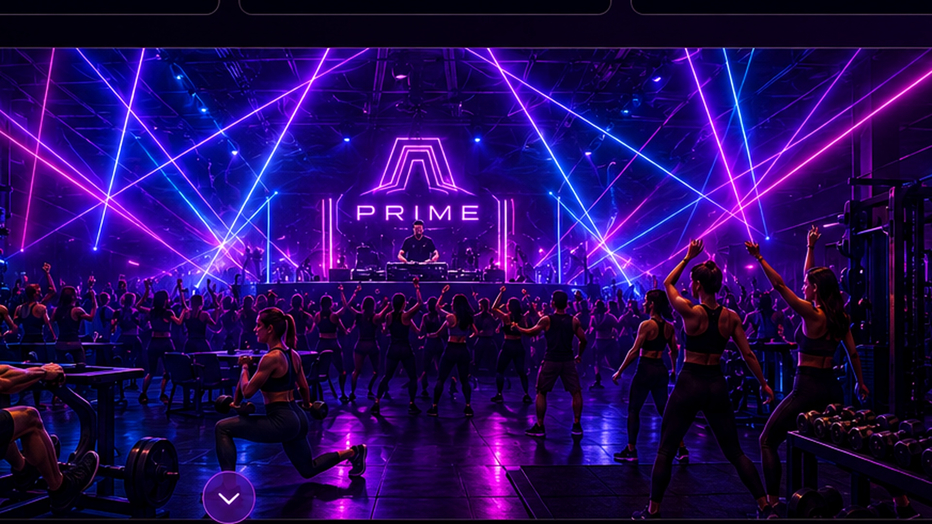 Elevated DJ stage with purple lasers, festival lighting, people dancing and guests working out