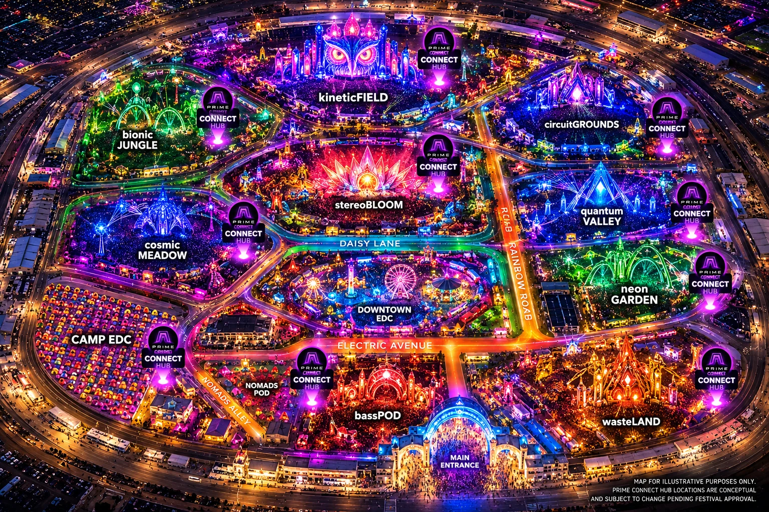 Illustrative EDC Las Vegas festival map showing conceptual PRIME Connect Hub locations across the festival grounds and Camp EDC