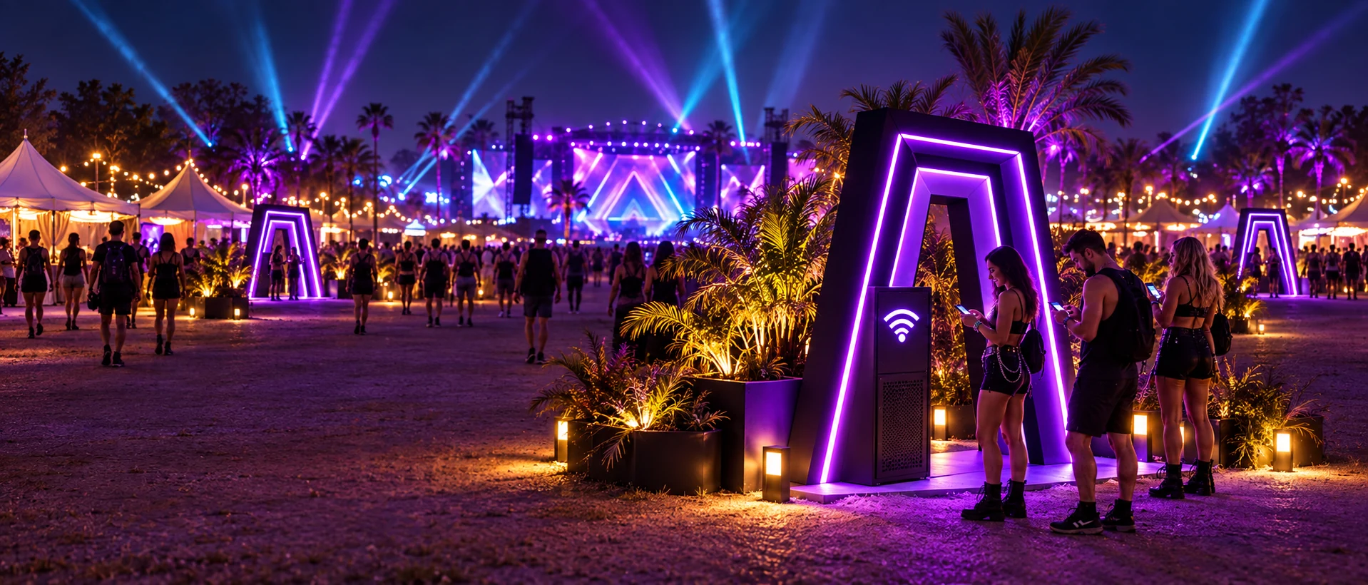 Concept of a compact glowing PRIME Connect Wi-Fi gateway with two more hubs visible across a festival at night