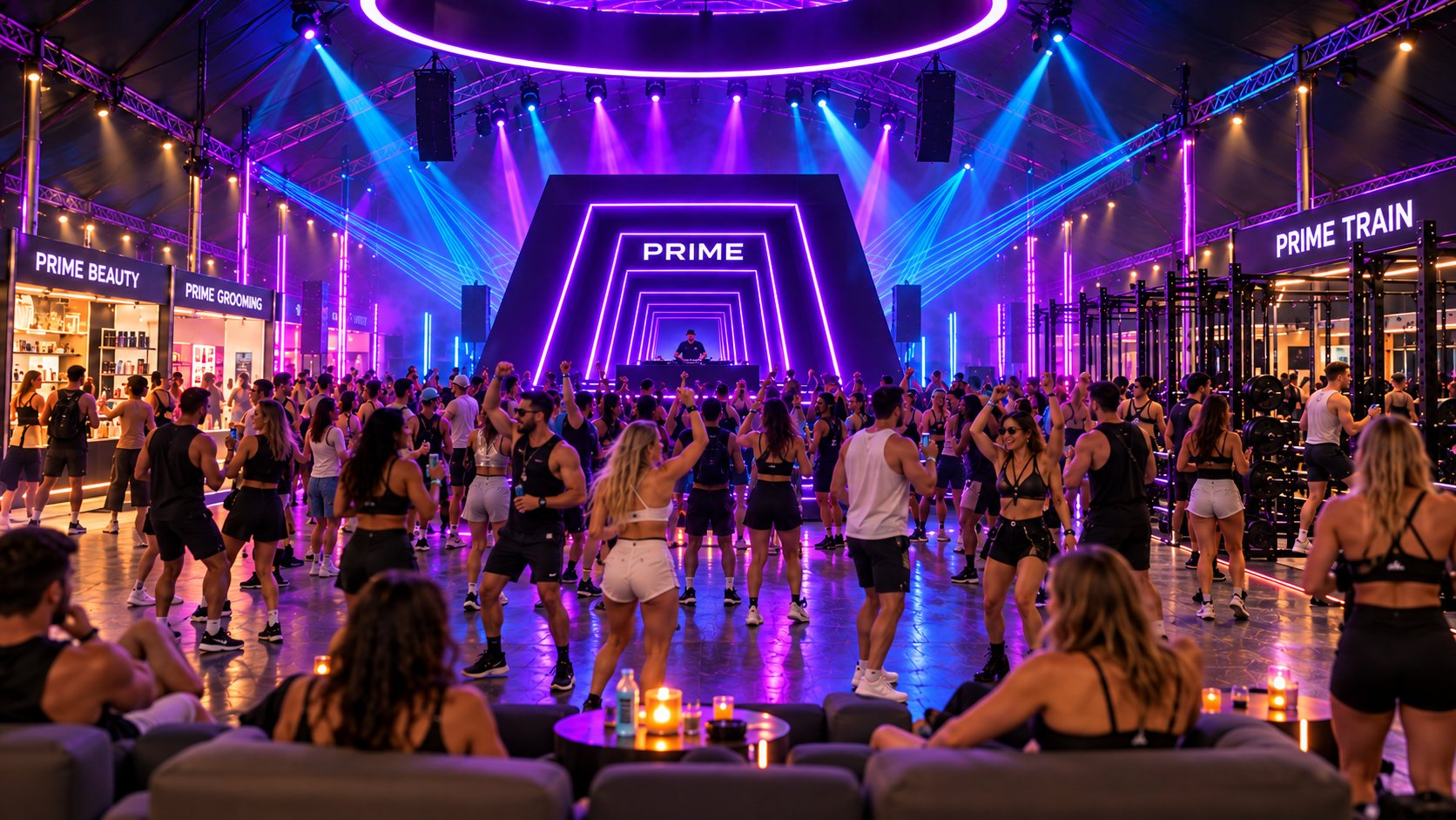 PRIME dance floor with moving DJ beams and the Portal behind the raised booth