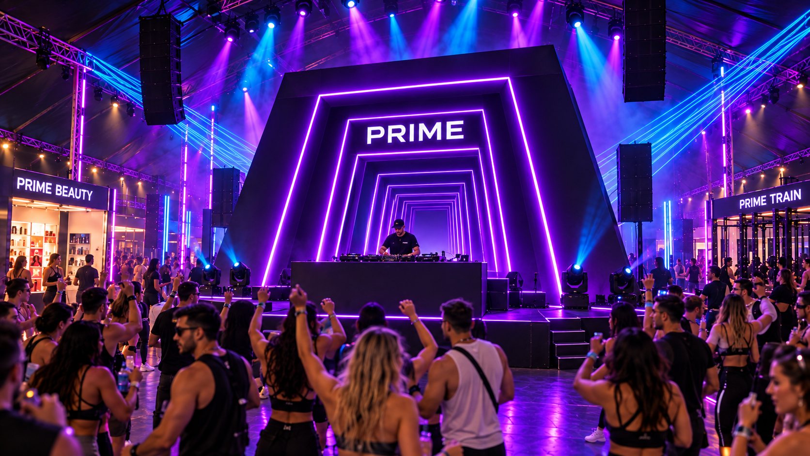 Raised DJ booth in front of the nested purple PRIME Portal