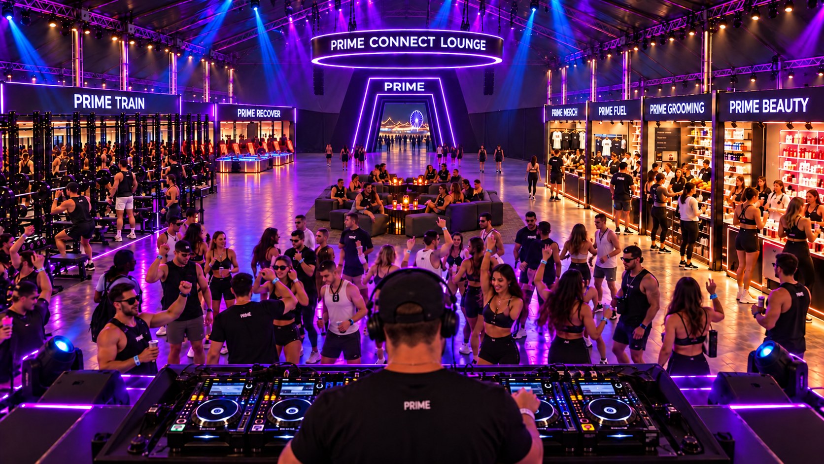 View from behind the DJ decks across the dance floor and central Connect Lounge toward the entrance gateway