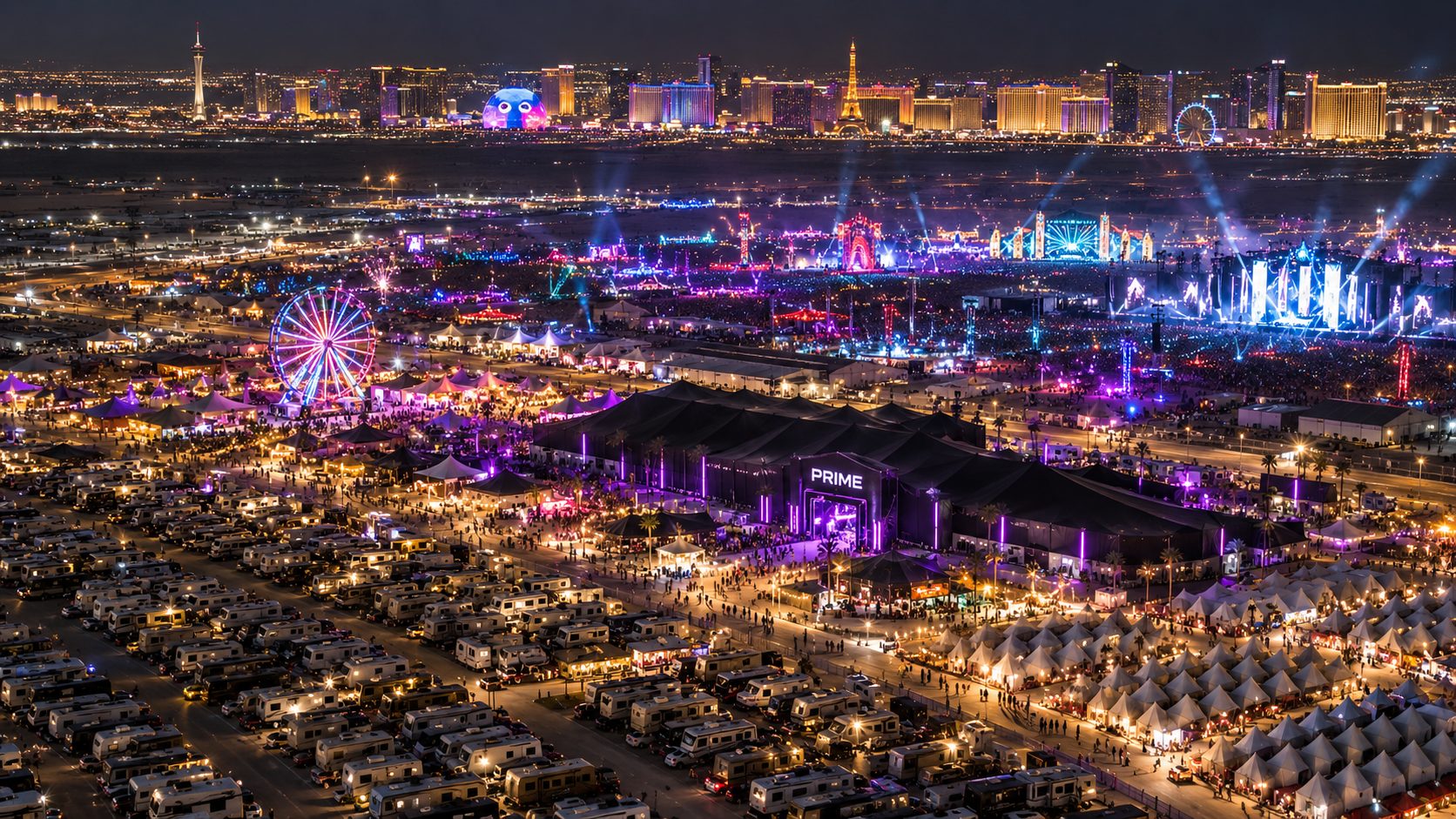Concept visualization: aerial night view of a camping festival with a PRIME entrance, RVs, tents and the Las Vegas skyline