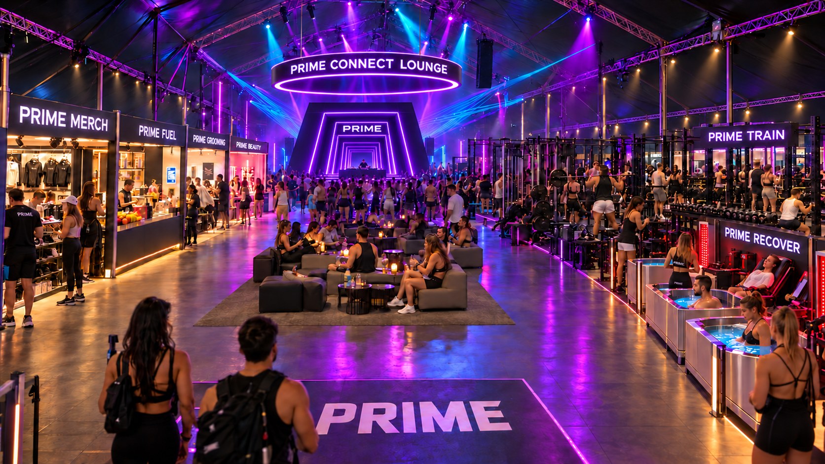 Concept view of PRIME with a training area, recovery zone, lounge, festival amenities and a raised DJ booth in front of the purple PRIME Portal