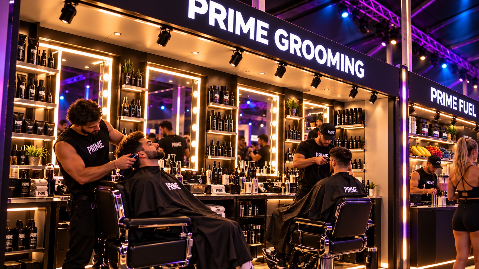 Barbers working in PRIME Grooming, with a glimpse of the adjoining PRIME Fuel counter