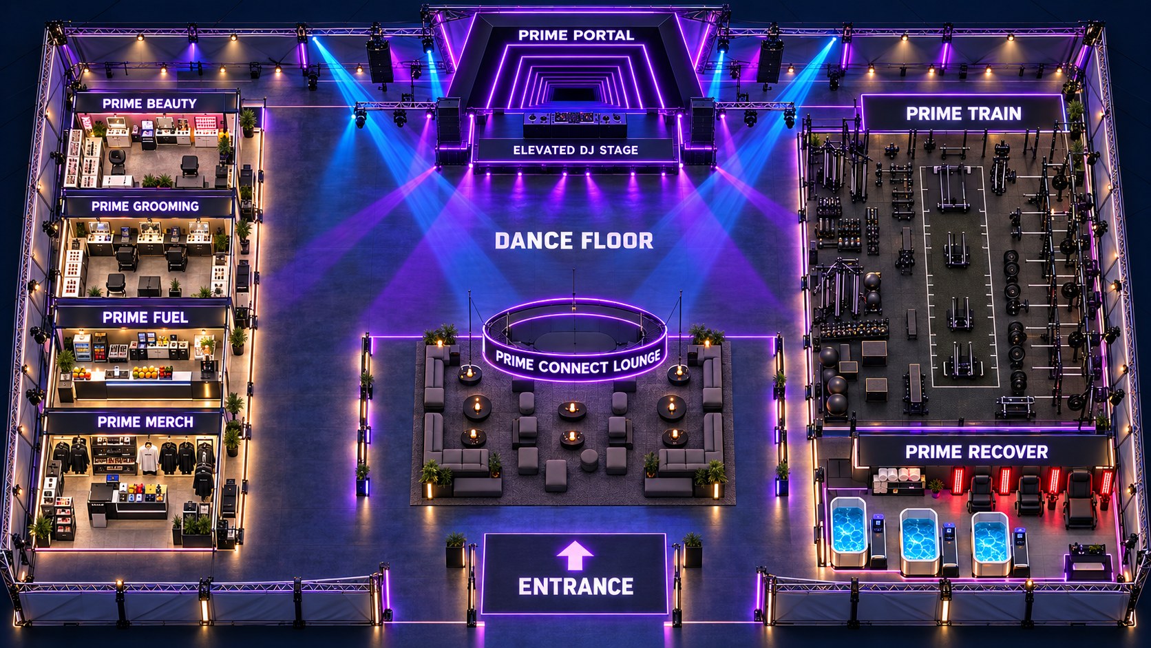 Illustrative overhead view of a possible PRIME layout, showing the entrance, lounge, dance floor, DJ stage and Portal, with amenities around them