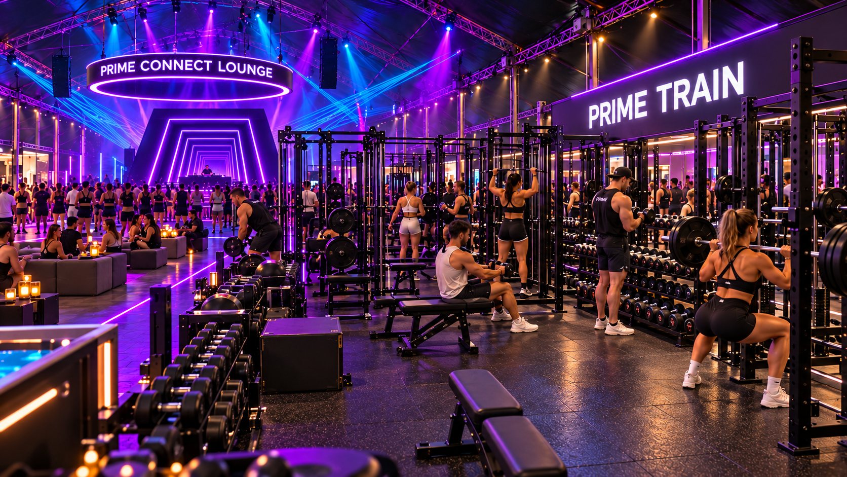PRIME Train with strength equipment inside the mobile festival club